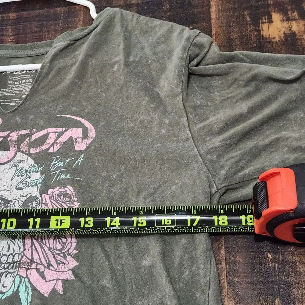Poison Skull Rose Graphic Crop Top Tee Acid Wash Olive Green XS Rock Band Shirt